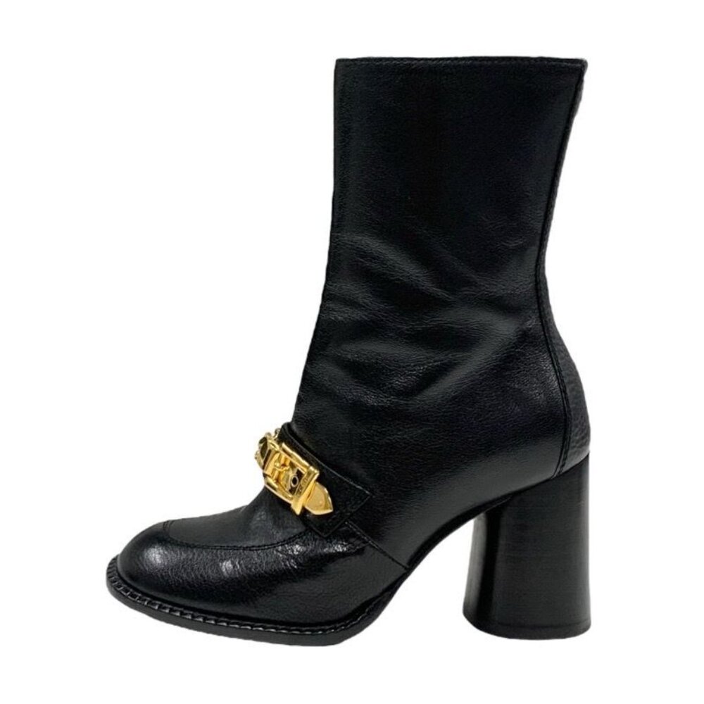 Gucci Boots Short Boots Shoes Leather Black Gold Chain Belt - Picture 3 of 10